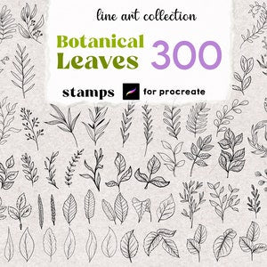 Botanical leaf stamp set for Procreate, 300 line-art leaf designs