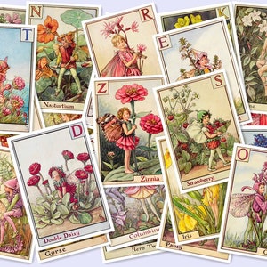 Vintage junk journal collage ephemera kit with 24 printable sheets, botanical and fairy card designs