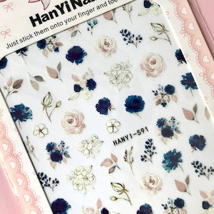 Watercolor floral nail sticker sheet with blue and blush roses, leaves, and butterflies
