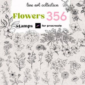 Procreate 356 Flower Stamps Tattoo Design Brush Full Pack Rose Peony Ink Art Daisy Line Art Draw Floral Botanical Digital Brushes Set