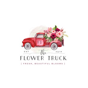 Vintage flower truck logo with pink blooms in a red truck, banner text "The Flower Truck"