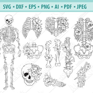 Halloween flower skeleton parts SVG set with black line art, multiple bone and skull designs