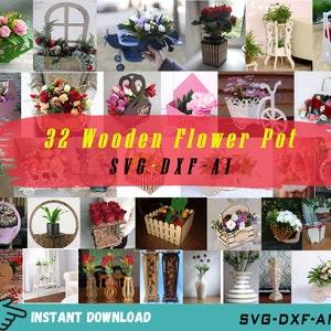 32 Wooden Flower Pot Svg File for Laser Cut, Wood Vase Svg, Flower Pot Svg, Flower Box, Wooden Basket for Flower Svg Dxf Ai File for Cnc Cut