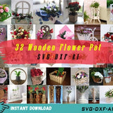 32 Wooden Flower Pot Svg File for Laser Cut, Wood Vase Svg, Flower Pot Svg, Flower Box, Wooden Basket for Flower Svg Dxf Ai File for Cnc Cut