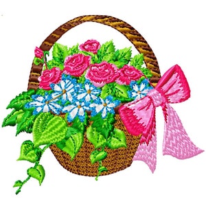 Floral basket embroidery design with pink roses, green leaves, blue butterflies, pink bow