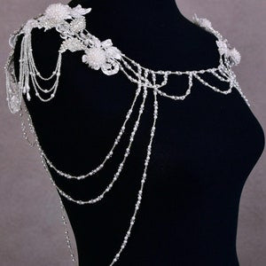 Handmade bridal cape topper with silver pearl chains and crystal lace floral details
