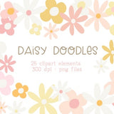 Daisy Clipart, Floral Clipart, Boho Clipart, Retro Flower Clipart, Groovy Clipart, Pink Flowers, White Flower Clipart, Wildflower Clipart