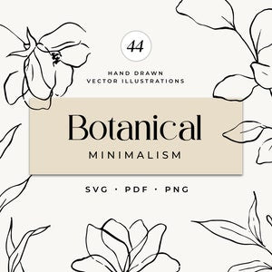 Minimal botanical line art floral set with hand-drawn flower outlines and line leaves, vector style
