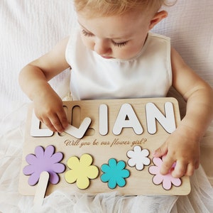Personalized wooden name puzzle with flower-shaped pieces and letters IAN