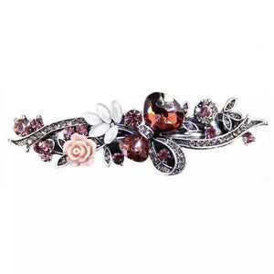 Silver-tone rhinestone flower hair clip with pink rose and deep red gem accents
