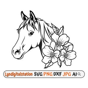 Horse head floral clipart with three outline flowers, suitable for t-shirt design