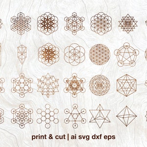 Sacred geometry SVG bundle featuring 20 mandala-style symbols in dark brown on white