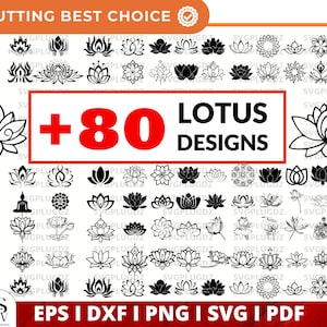 Lotus flower SVG bundle with many black lotus silhouette icons and +80 designs text