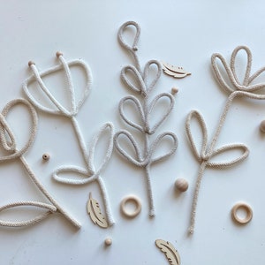 Knitted rope wire wildflower wall decor, cream stems with small leaf and petal details