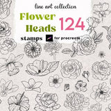 Procreate 124 Flower Stamps Tattoo Design Brush Full Pack Rose Peony Ink Art Daisy Line Art Draw Floral Botanical Digital Brushes Set