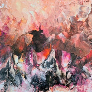 Peach and black abstract fluid acrylic painting on stretched canvas, textured swirls