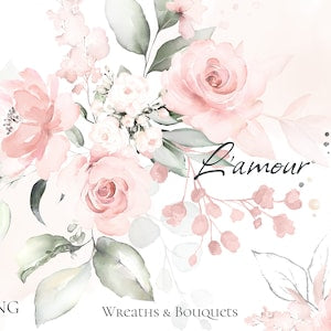 Watercolor floral bouquet clipart with pink roses, soft petals, and green leaves