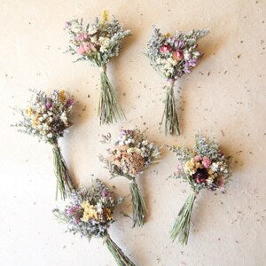 Set of mini dried wildflower bouquets with small colorful blooms and green stems