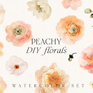 Watercolor flower clipart set with peach and apricot blooms and text 'PEACHY DIY florals'
