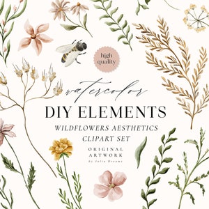 Watercolor wildflower clipart set with bee and botanical leaves, DIY elements design