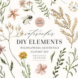 Wildflowers Aesthetics Watercolor Digital Clipart 1 - Individual PNG Files - Wedding - Floral Elements - DIY Flowers - Watercolor Bee Leaves