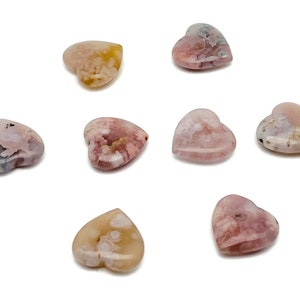 Set of heart-shaped gemstone cabochons with pink and cream swirls, polished flat backs