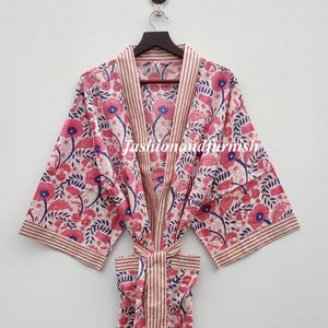 Cotton kimono robe with pink floral print, striped trim and matching belt.