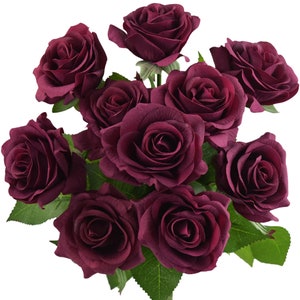 Artificial burgundy silk roses bouquet with multiple rose blooms