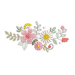 Floral machine embroidery design with pink, yellow flowers and green leaves