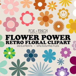 Retro floral clipart set with colorful flower icons and groovy 60s-style designs