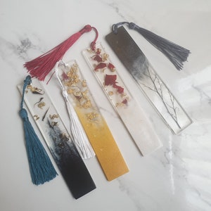 Resin gold leaf bookmark with floral resin accents and dangling tassel