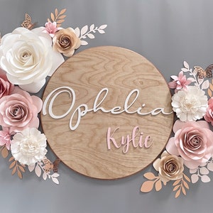 Nursery paper flower set with wooden round name sign and pink off-white floral garland