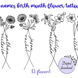 Black line-art birth month flower tattoo set with cursive name scripts, digital download
