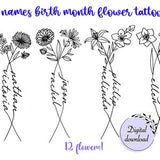 2 Birth Month Flowers Tattoo Part 2 | Couple Family Personalized Gift | Digital Downloadable PNG