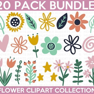 Colorful spring floral clipart bundle with flowers, leaves, and small decorative elements