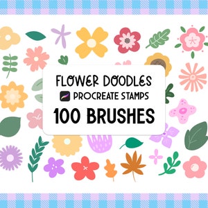 Flower doodles Procreate stamp brush set with colorful floral icon patterns