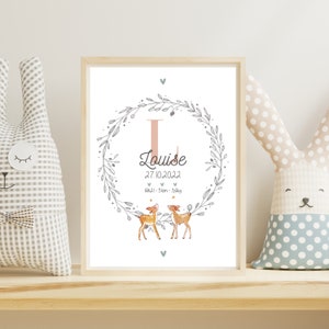 Framed birth poster with floral wreath and name Louise with birth date text