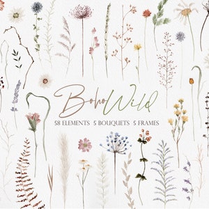 Watercolor wildflower clipart set with boho stems, flowers, and bouquets, multi-color