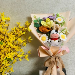 Crochet flowers, cute Cow Tulip Daisy flower ornaments, knitting A bunch of flower Anniversary bouquet Gift for her