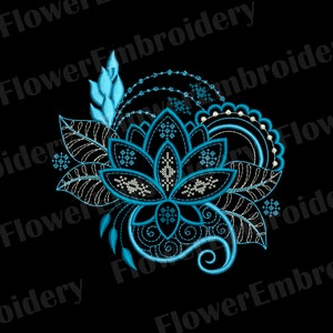 Mandala flower embroidery design with teal geometric leaves and floral motifs, circular layout