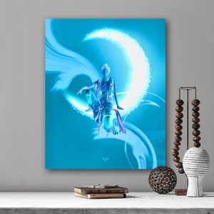 Blue celestial goddess metal wall art with flowing ribbon and moonlike halo