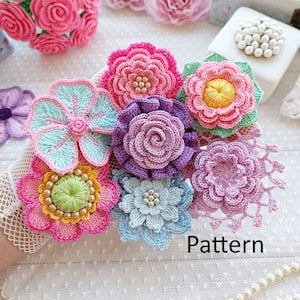 Crochet flower pattern set, 7 pcs with colorful floral applique designs