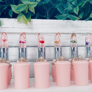 Pink flower crystal jelly lip balms with clear caps, set of tubes