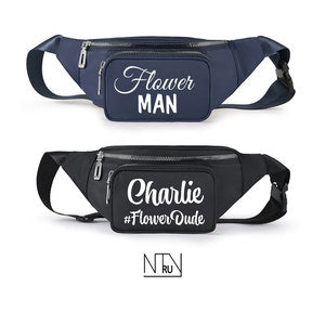 Navy fanny pack with front zipper and embroidered “Flower MAN” text