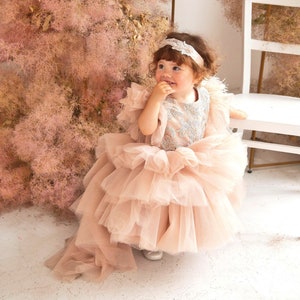 Champagne tulle birthday dress with layered ruffled skirt and small train, toddler girl