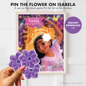 Kids pin the flower game printable with purple flower prop and Isabella-style character card