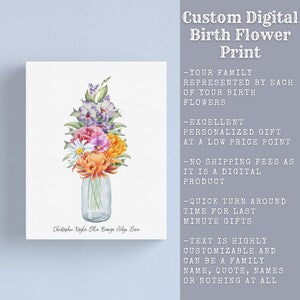 Custom birth flower digital print with colorful bouquet in a vase and vertical text block