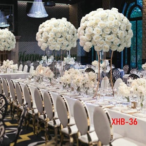 White artificial flower ball centerpiece with peony-like blooms for banquet table decor