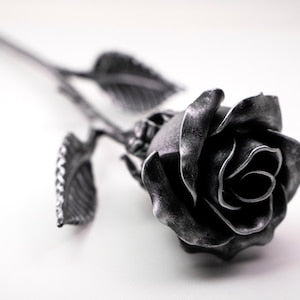 Hand-forged iron rose sculpture, dark wrought-steel flower with curled petals and leaves.