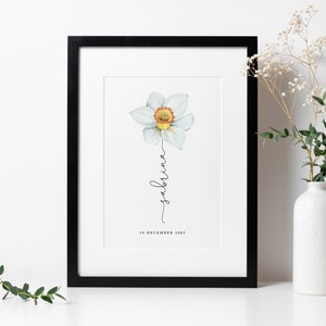 Framed narcissus birth flower print with watercolor-style flower on white background